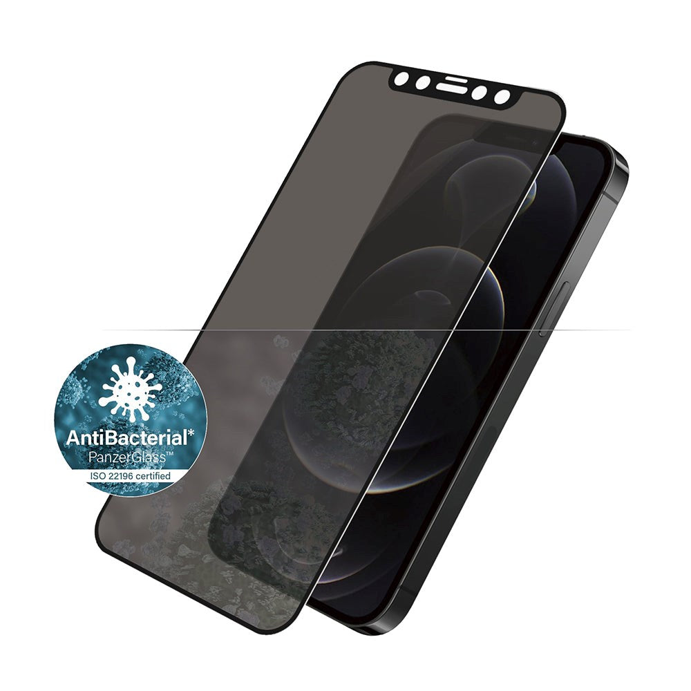 iPhone 12 / 12 Pro PanzerGlass AntiBacterial Edge-To-Edge Skærmbeskyttelse - Anti-Bluelight - Case Friendly - Privacy - Sort Kant