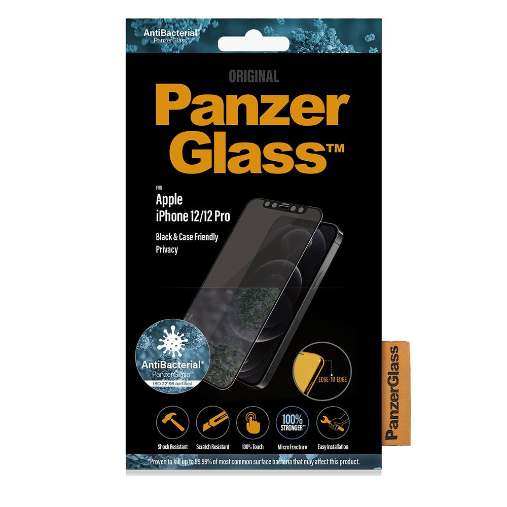 iPhone 12 / 12 Pro PanzerGlass AntiBacterial Edge-To-Edge Skærmbeskyttelse - Anti-Bluelight - Case Friendly - Privacy - Sort Kant