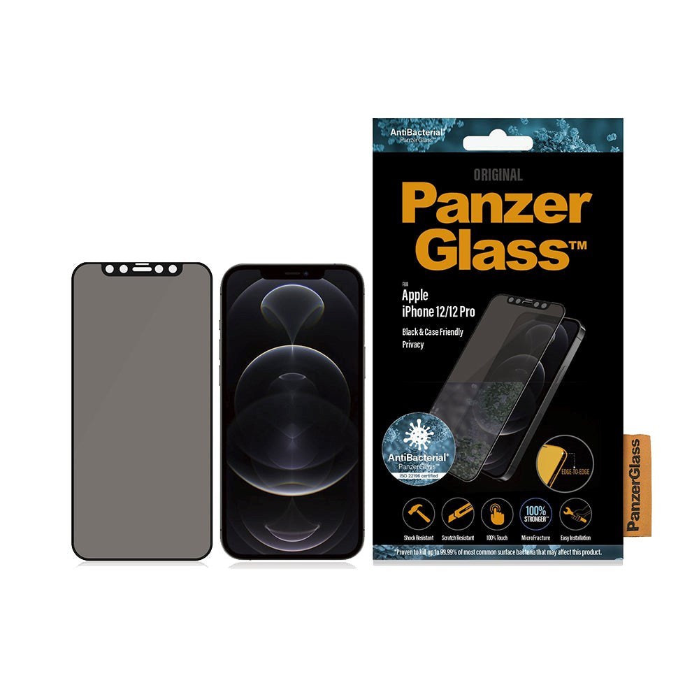 iPhone 12 / 12 Pro PanzerGlass AntiBacterial Edge-To-Edge Skærmbeskyttelse - Anti-Bluelight - Case Friendly - Privacy - Sort Kant