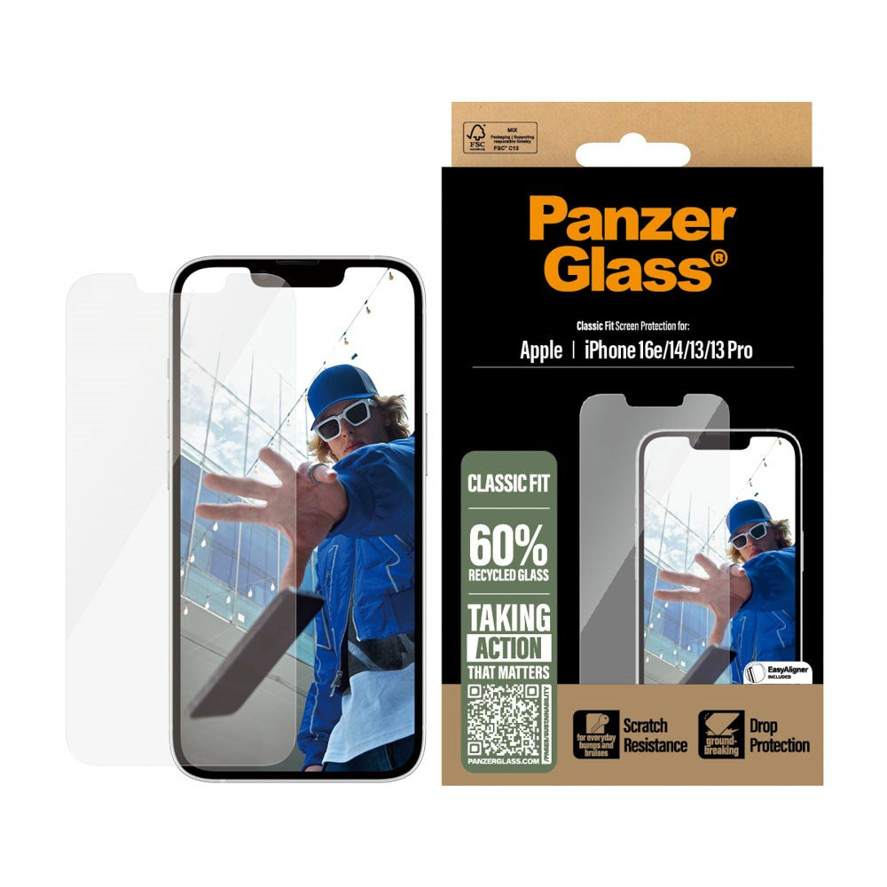 PanzerGlass iPhone 16e / 14 / 13 / 13 Pro Classic Fit Beskyttelsesglas m. EasyAligner - Gennemsigtig