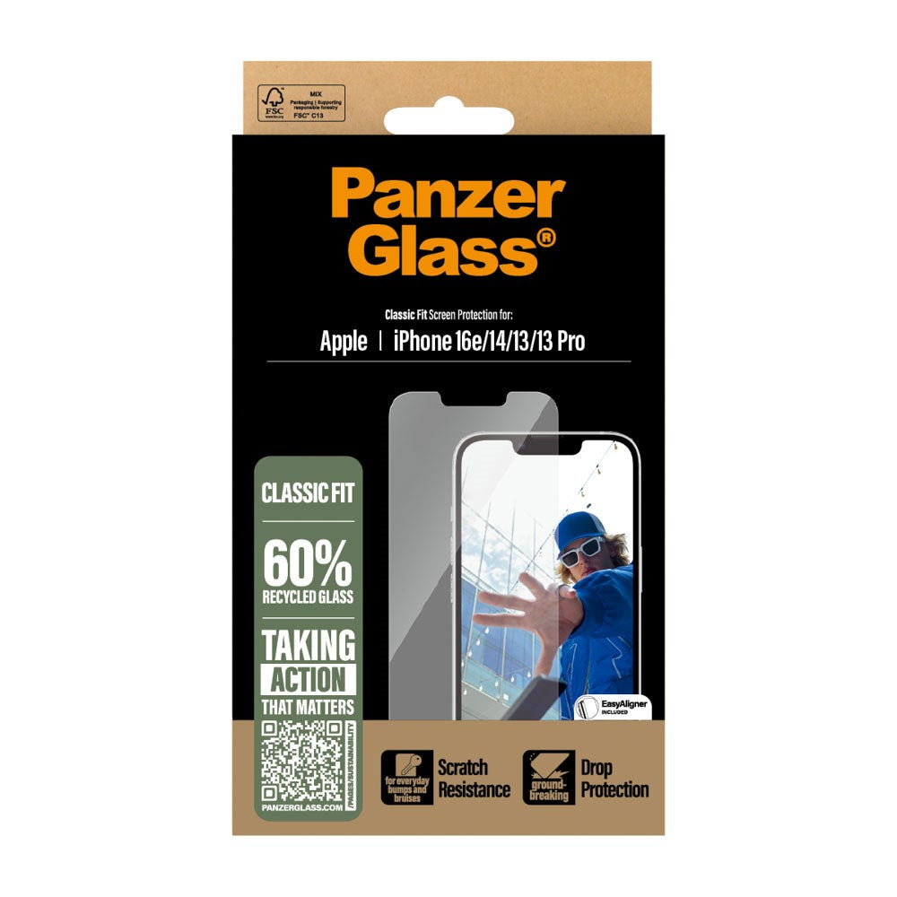 PanzerGlass iPhone 16e / 14 / 13 / 13 Pro Classic Fit Beskyttelsesglas m. EasyAligner - Gennemsigtig