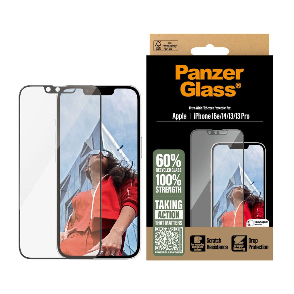 PanzerGlass® iPhone 16e / 14 / 13 / 13 Pro Ultra-Wide Skærmbeskyttelse - EasyAligner - Gennemsigtig