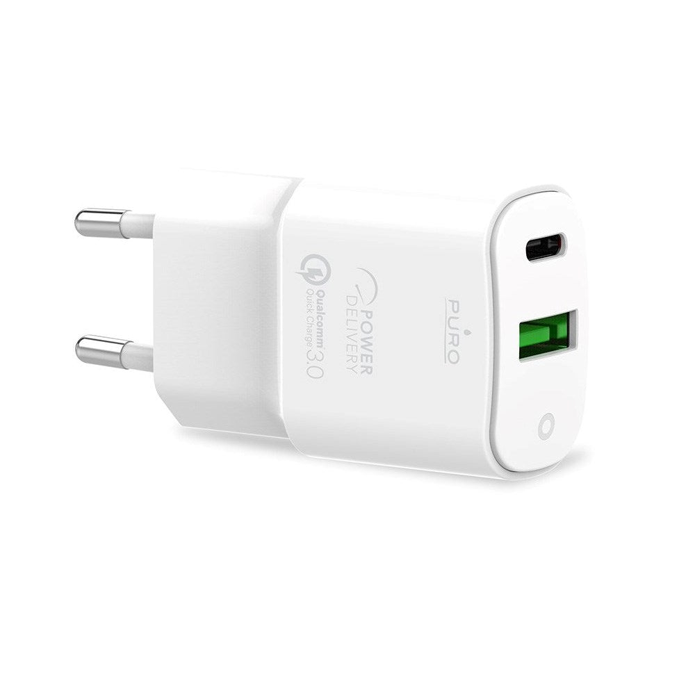 Puro PD 20W Mini Rejse Vægoplader m. 1 x USB-C og 1 x USB-A - Hvid