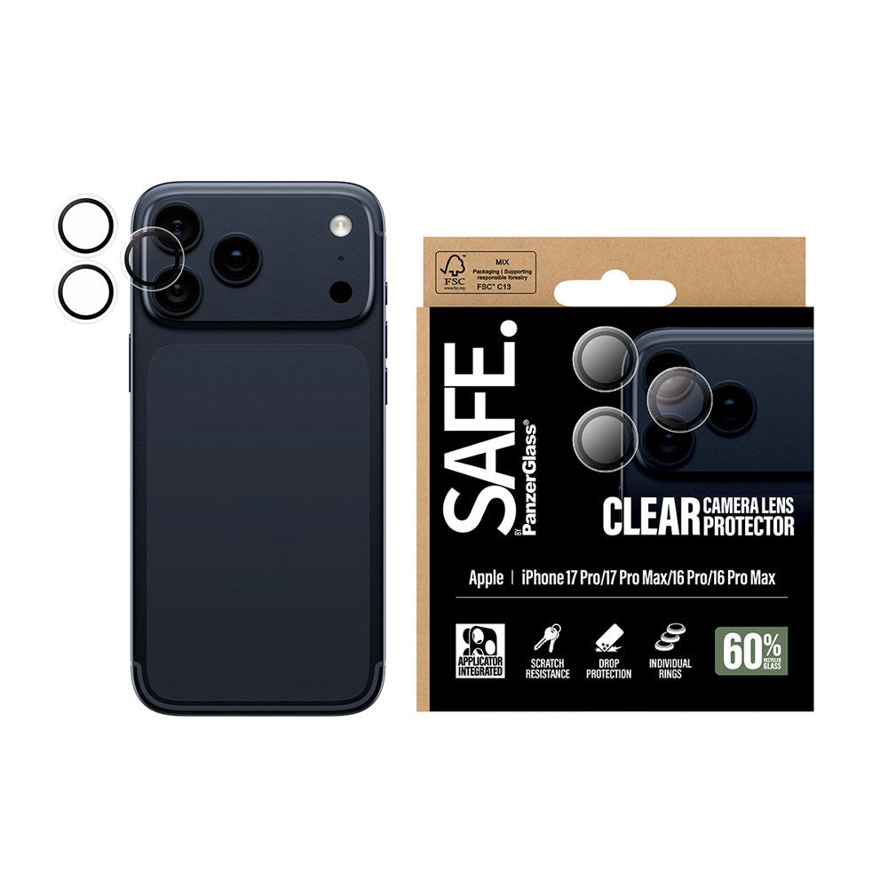 iPhone 17 Pro / 17 Pro Max / 16 Pro / 16 Pro Max Safe by PanzerGlass Kameralinsebeskyttelse - Hærdet Glas - Gennemsigtig / Sort