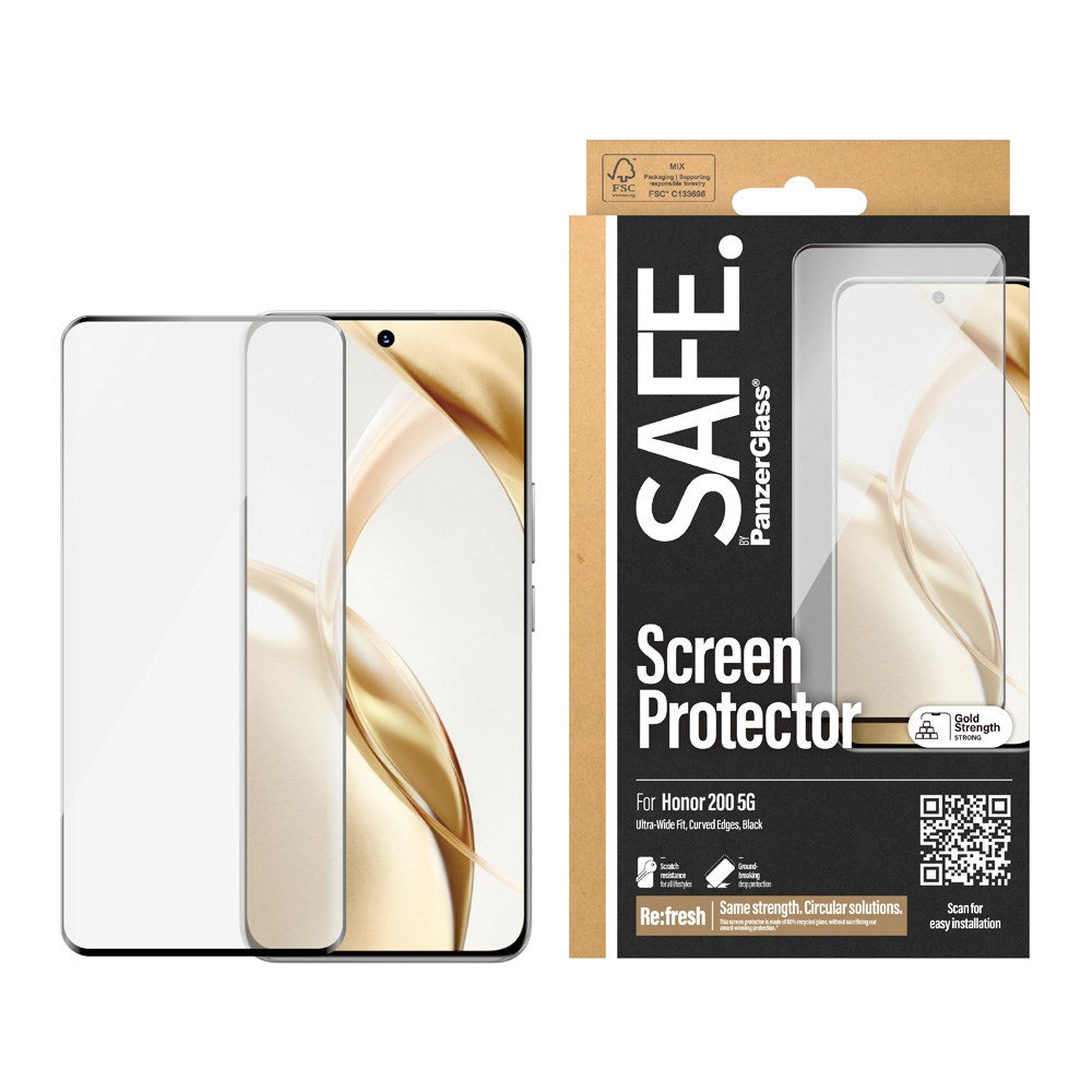 Safe By PanzerGlass® Honor 200 Ultra-Wide Fit Skærmbeskyttelsesglas - Case Friendly - Gold Strength - Gennemsigtig / Sort Kant