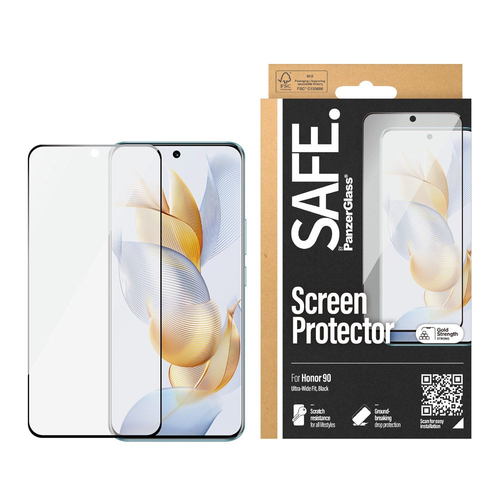 Safe By PanzerGlass® Honor 90 Ultra-Wide Fit Skærmbeskyttelsesglas - Case Friendly - Gold Strength - Gennemsigtig / Sort Kant