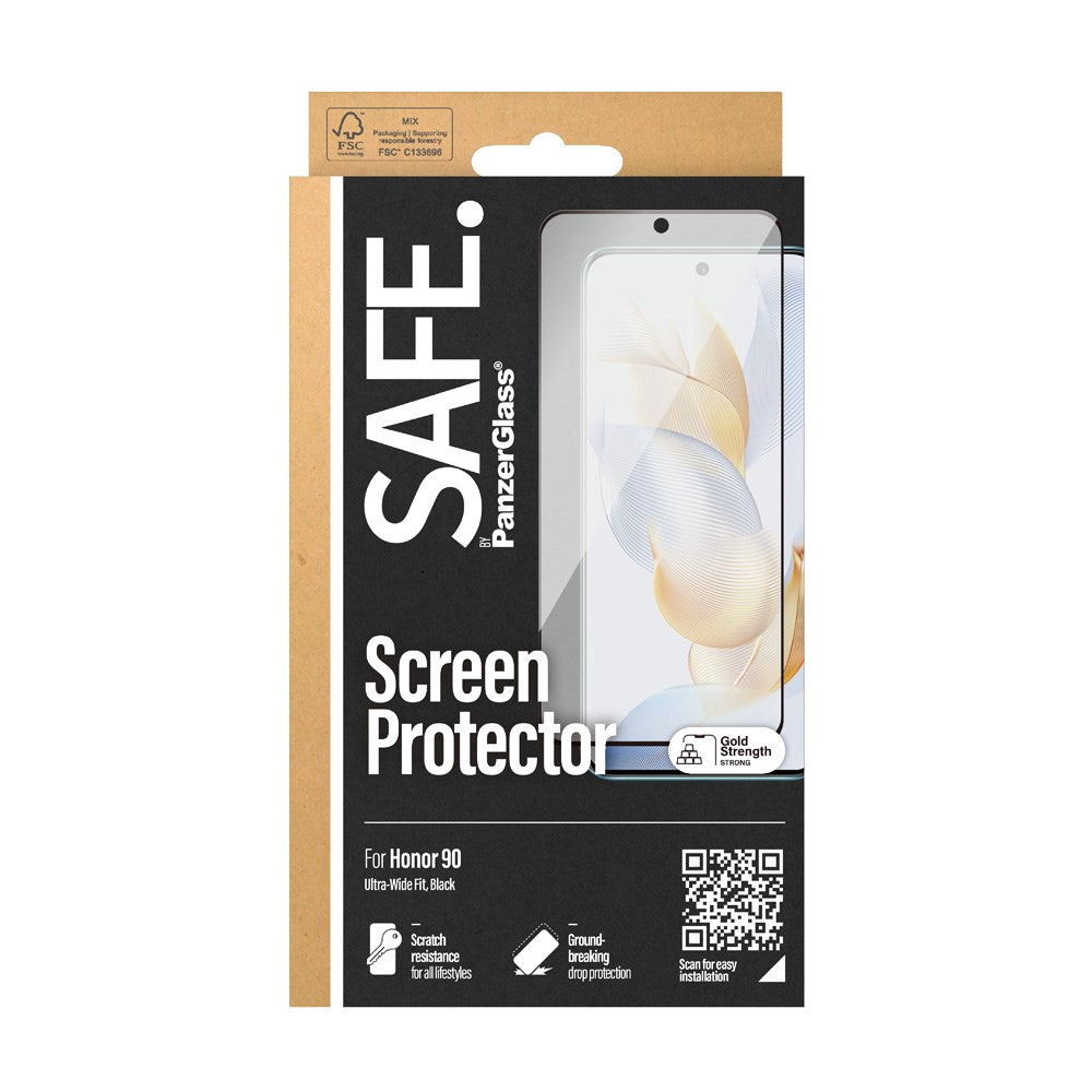 Safe By PanzerGlass® Honor 90 Ultra-Wide Fit Skærmbeskyttelsesglas - Case Friendly - Gold Strength - Gennemsigtig / Sort Kant