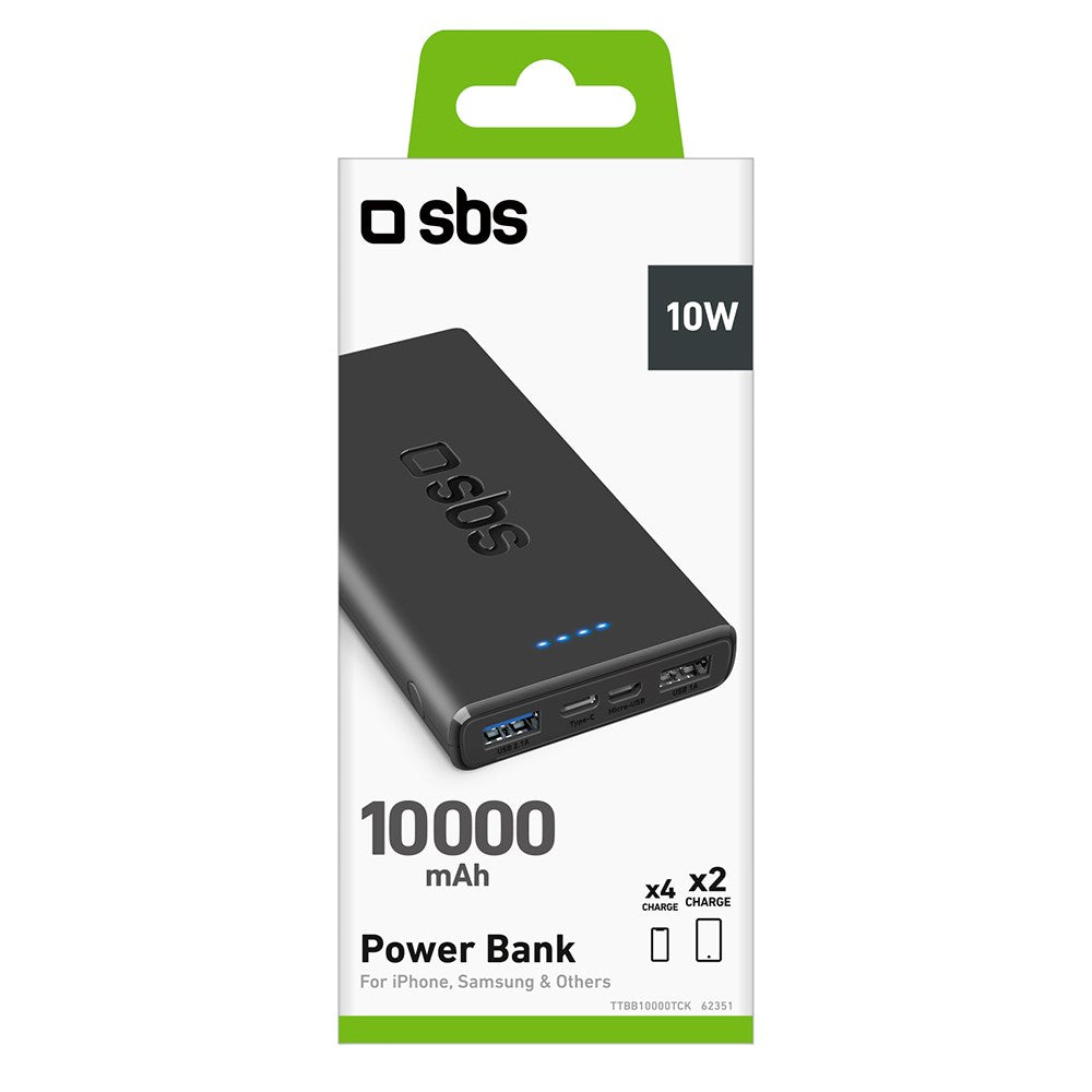 SBS Powerbank m. 2x USB-A & 1x USB-C 10W IC - 10.000 mAh - Sort