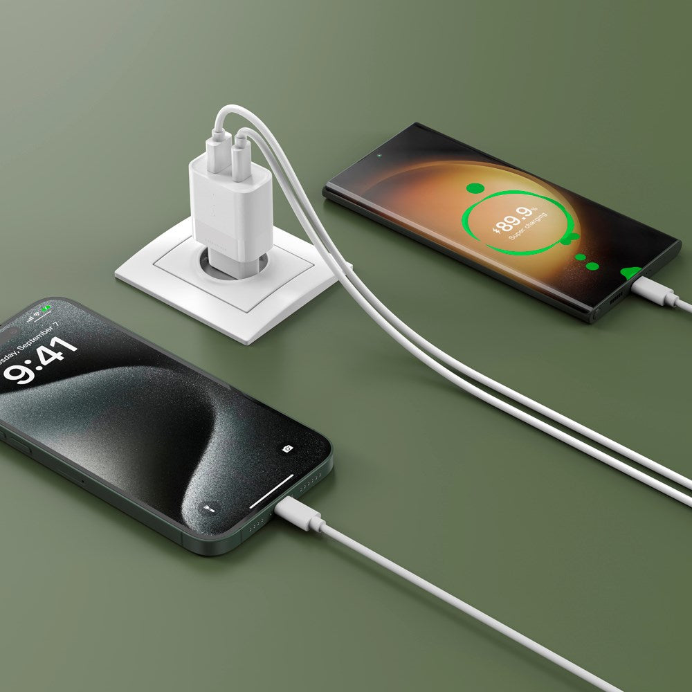 ËSSENTIALS by Upström PD 30W USB-C og USB-A Genanvendt Plastik Vægoplader - Hvid