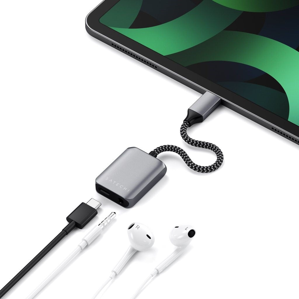 Satechi USB-C til Jack-stik 3.5 mm Adapter m. oplader - Space Grey