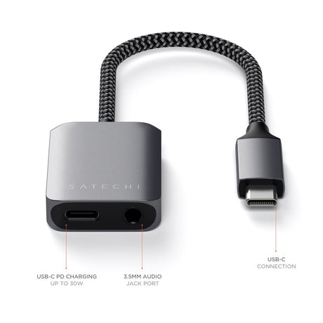 Satechi USB-C til Jack-stik 3.5 mm Adapter m. oplader - Space Grey