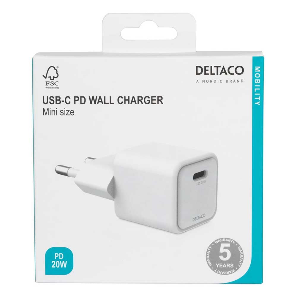 Deltaco Vægoplader m. USB-C PD 20W - Mini - Hvid