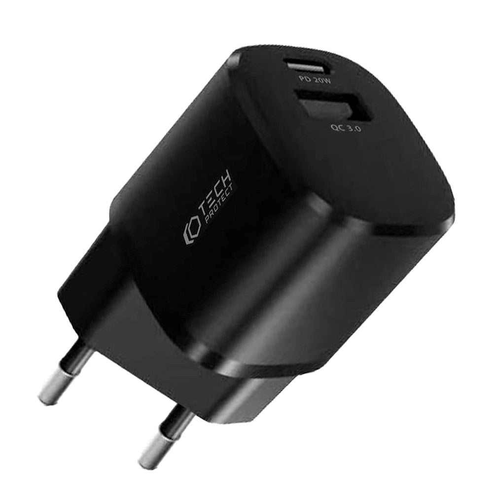 Tech-Protect Vægoplader 20W m. 1 x USB-A QC & 1 x USB-C PD - Sort
