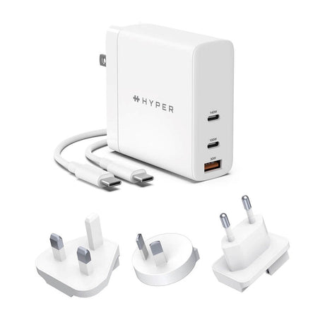 Hyper 140W Vægoplader m. 2 x USB-C, 1 x USB-A og Rejseadaptere - Hvid