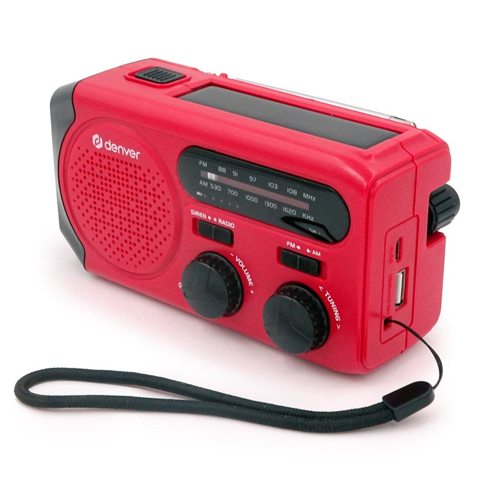 Denver Nødradio m. Indbygget Solcelleopladning & AM / FM Radio & Lommelygte - Rød