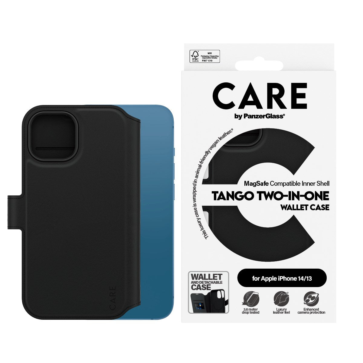 iPhone 14 CARE by PanzerGlass Feature Tango 2-in-1 m. Pung Mobil Cover - Sort