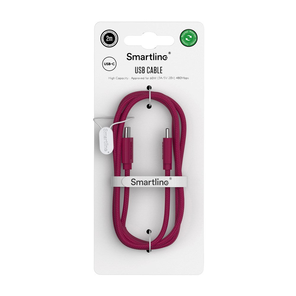 Smartline (60W) USB-C til USB-C Ladekabel - 2 Meter - Mørkerød