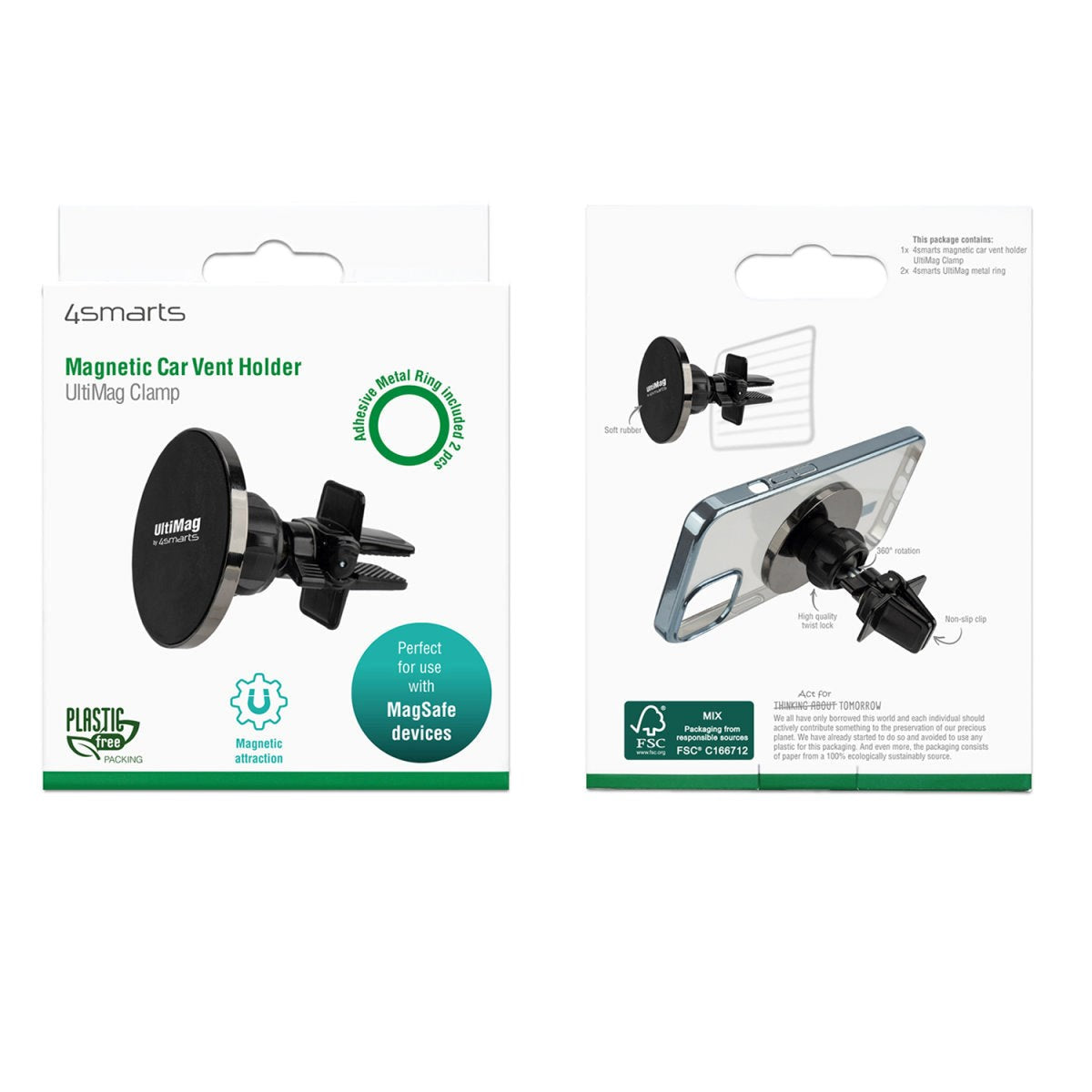 4smarts UltiMag Clamp Magnetisk Mobilholder til Bil - MagSafe Kompatibel - Sort