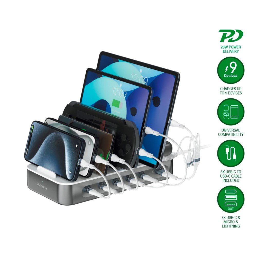 4smarts - Opladningsstation m. 9 Opladningsmuligheder - 5x USB-C Kabel & 1x 4-i-2 Multikabel - 100W - Grå / Hvid