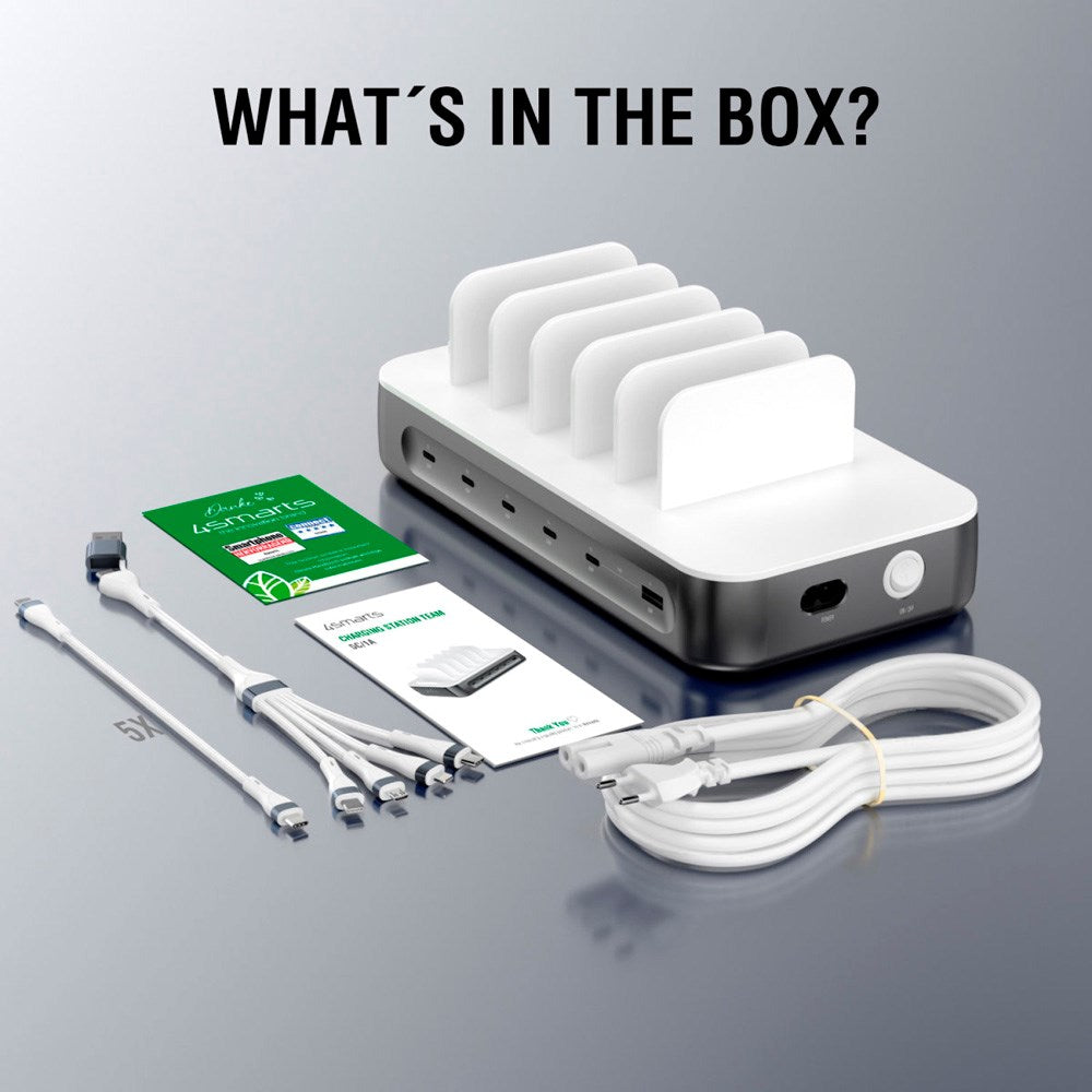 4smarts - Opladningsstation m. 9 Opladningsmuligheder - 5x USB-C Kabel & 1x 4-i-2 Multikabel - 100W - Grå / Hvid