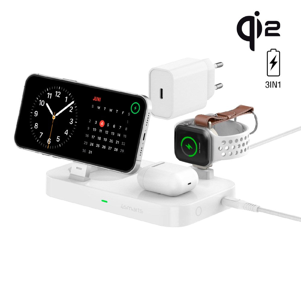 4smarts - 3-i-1 Qi2 Trådløs Opladningsstation - MagSafe Kompatibel - Hvid
