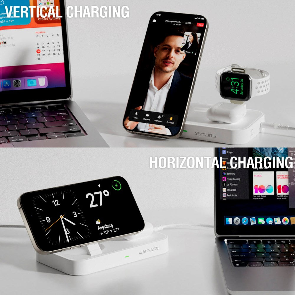 4smarts - 3-i-1 Qi2 Trådløs Opladningsstation - MagSafe Kompatibel - Hvid