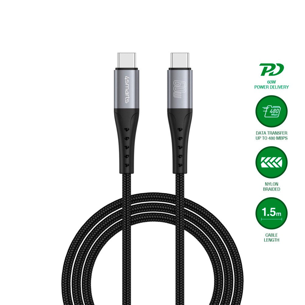 4smarts - USB-C til USB-C Kabel 60W - 1.5 m - Sort