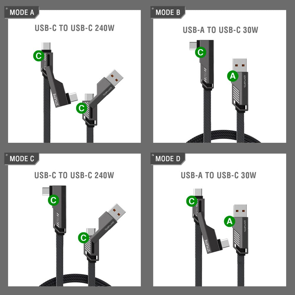 4smarts - ComboCord 2-i-1 Retvinklet Kabel 240W - 1.5m - Grå