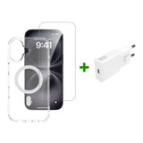 iPhone 17 - 4Smarts 3-i-1 Premium Starter Set - MagSafe Mobil Cover, Skærmbeskyttelse & 20W Vægoplader - Gennemsigtig / Hvid