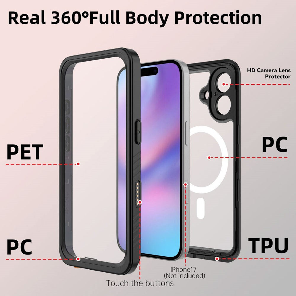 iPhone 17 4Smarts Vandtæt All Around Cover - MagSafe Kompatibel - Gennemsigtig / Sort