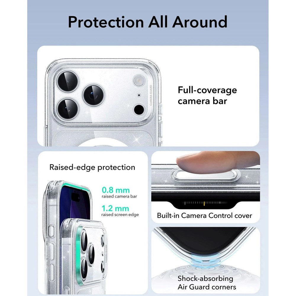 iPhone 17 Pro ESR Classic Hybrid Cover m. Indbygget Camera Control Knap - MagSafe Kompatibel - Gennemsigtig / Glimmer