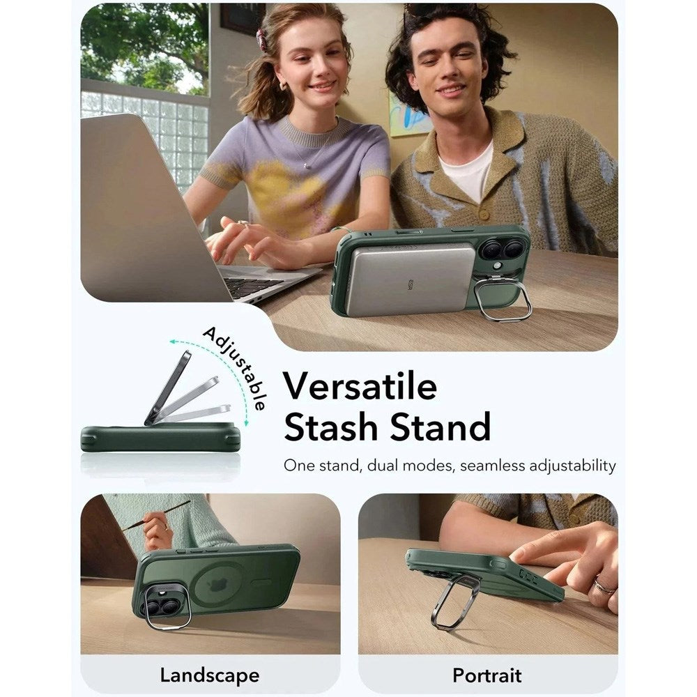 ESR iPhone 17 Classic Hybrid Stash Cover m. Kickstand - MagSafe Kompatibel - Mat Grøn