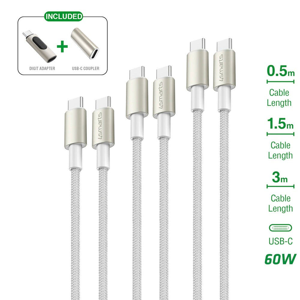 4smarts USB-C til USB-C PremiumCord - 3x USB-C til USB-C Kabel m. USB-C Adapter & Forlænger - Hvid