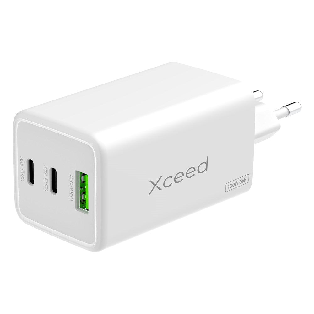 Xceed 100W GaN Multifunktionel Vægoplader - 2 x USB-C - 1 x USB-A - Hvid