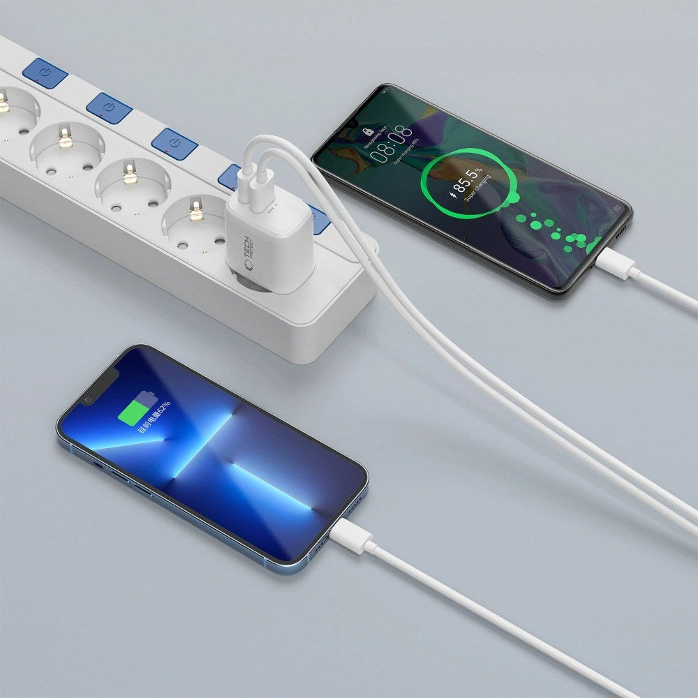 Tech-Protect Vægoplader m. 30W - 1 x USB-A (QC) & 1 x USB-C (PD) - Hvid