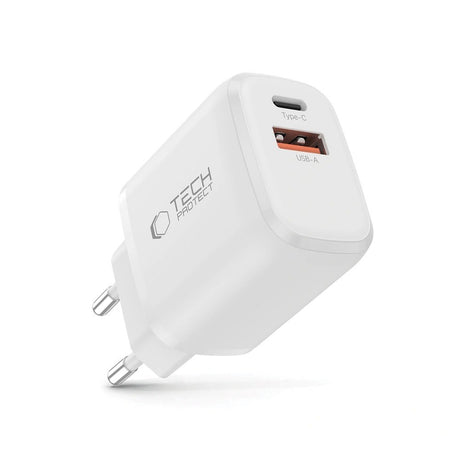 Tech-Protect Vægoplader m. 20W - 1 x USB-A (QC) & 1 x USB-C (PD) - Hvid