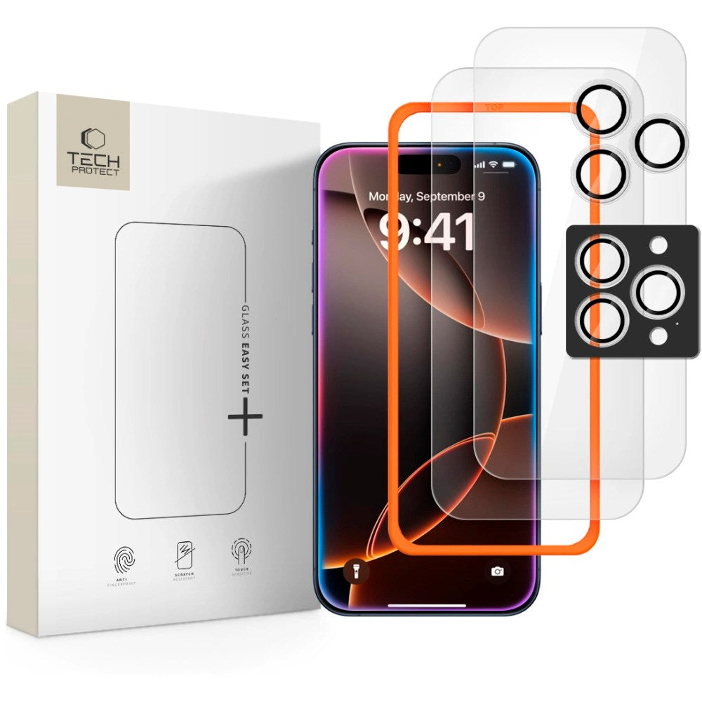 Tech-Protect - iPhone 17 Pro Max / 16 Pro Max - Easy Set+ Beskyttelsessæt m. Skærmbeskyttelsesglas & Kameralinsebeskyttelsesglas - Gennemsigtig