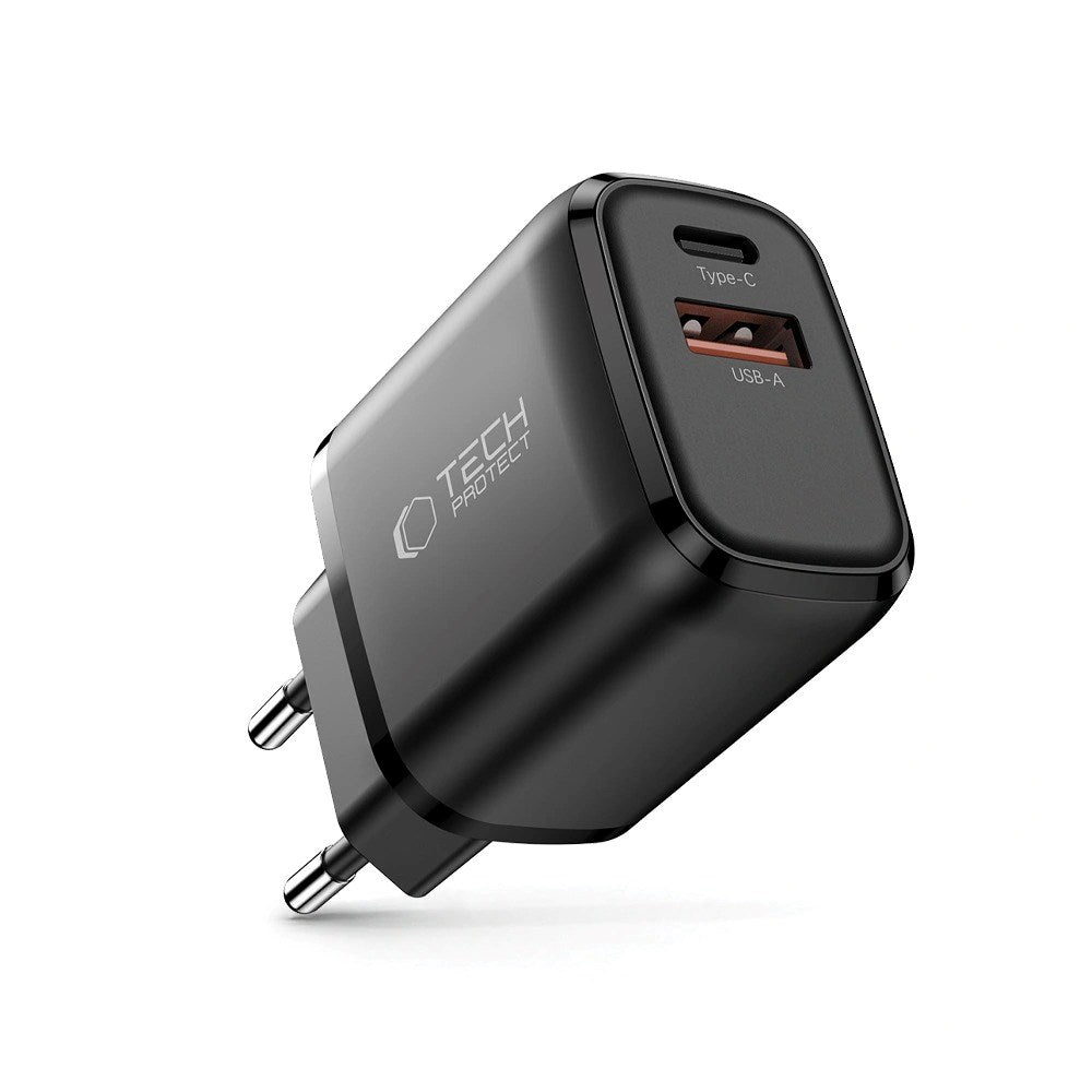 Tech-Protect Vægoplader m. 20W - 1 x USB-A (QC) & 1 x USB-C (PD) - Sort