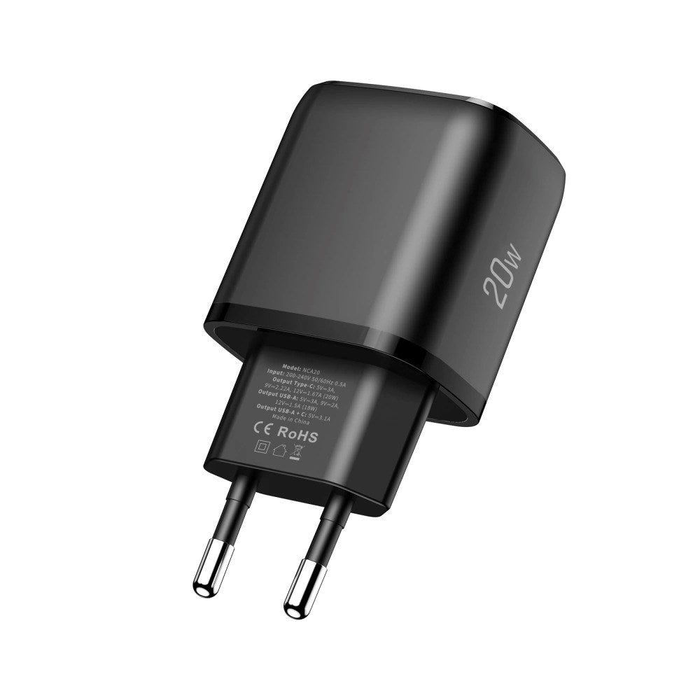 Tech-Protect Vægoplader m. 20W - 1 x USB-A (QC) & 1 x USB-C (PD) - Sort