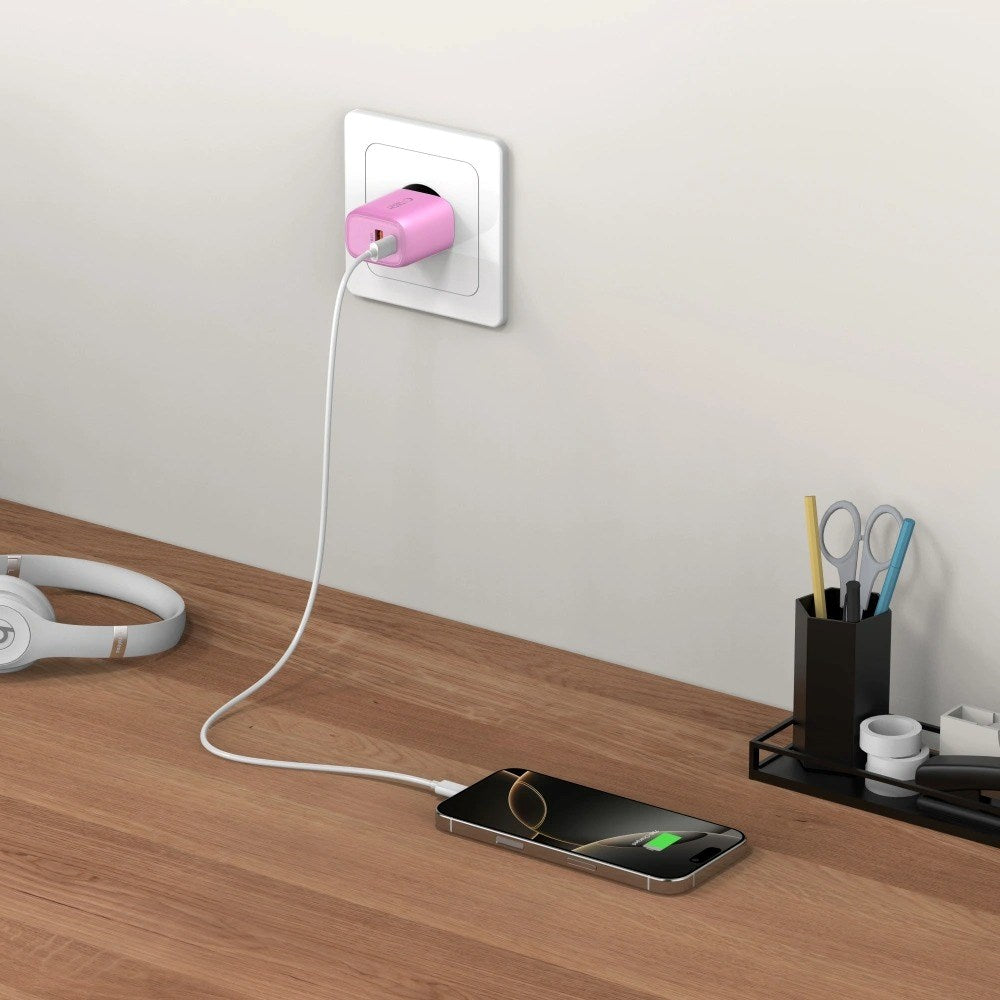 Tech-Protect Vægoplader m. 20W - 1 x USB-A (QC) & 1 x USB-C (PD) - Lyserød