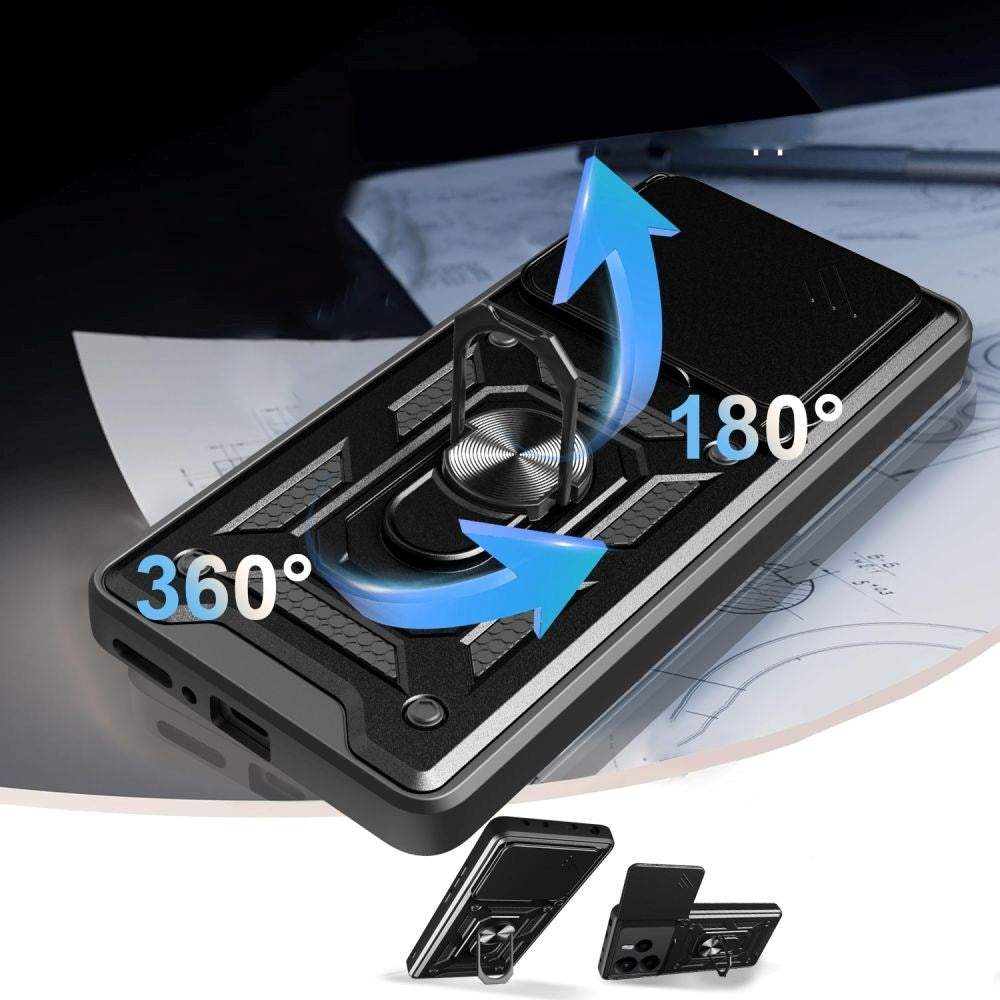 Xiaomi Redmi Note 14 (5G) Camshield m. Magnetisk Fingerring & Ståfunktion - Sort
