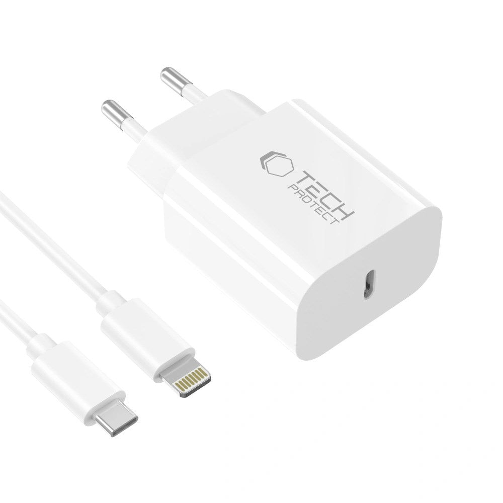 Tech-Protect - 20W Vægoplader m. 1 x Lightning Kabel - Hvid