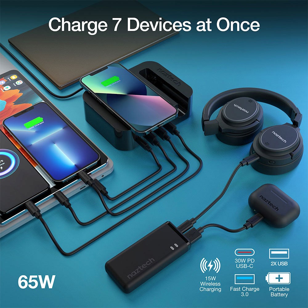 Naztech Oplader Station 65W m. Trådløs Oplader, 3 x USB-A, 1 x USB-C, 1 x 4000mAh Powerbank & 20W Vægoplader - Sort
