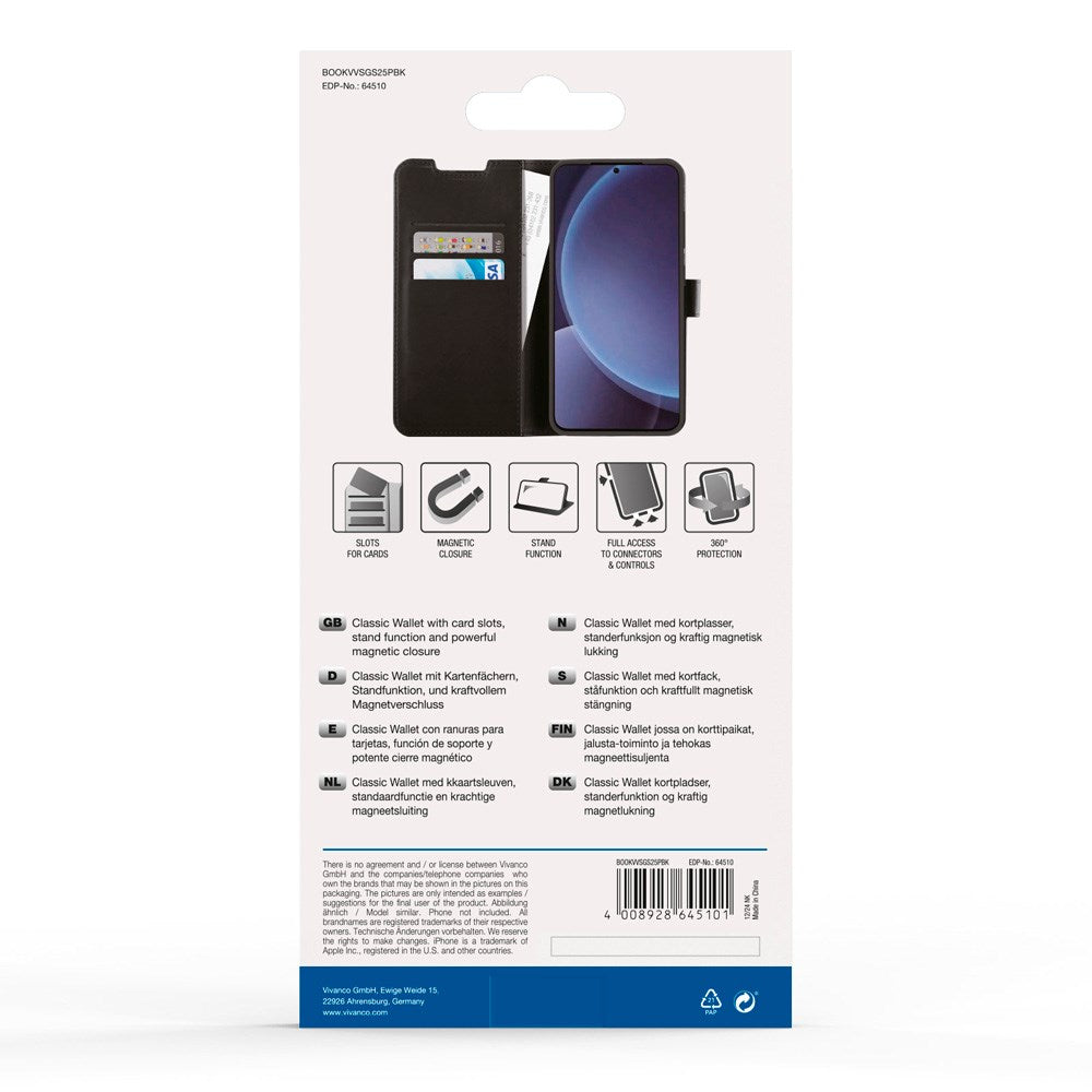 Samsung Galaxy S25+ (Plus) Vivanco Classic Wallet Mobil Cover m. Pung - Sort