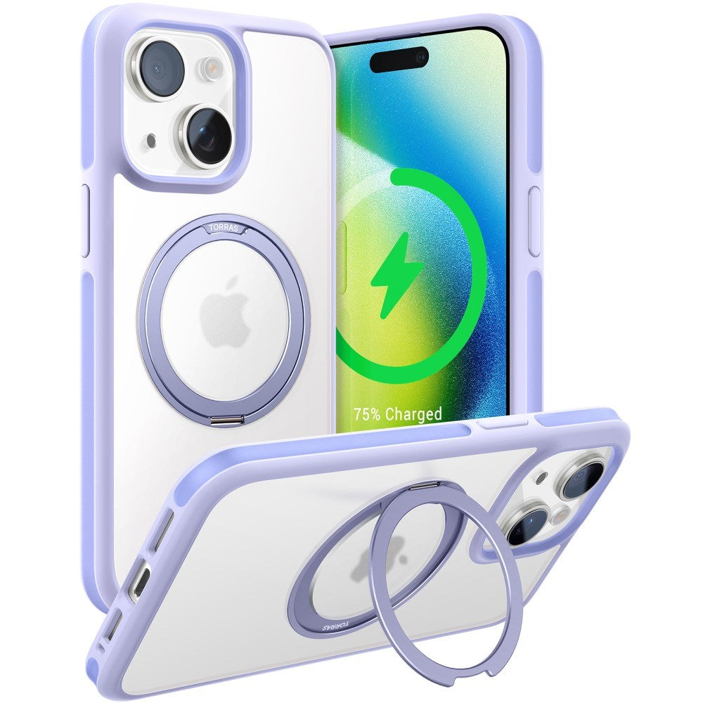 TORRAS - iPhone 15 - Hybrid Plastik Cover m. Roterbar Kickstand Ring - MagSafe Kompatibel - Gennemsigtig / Lilla