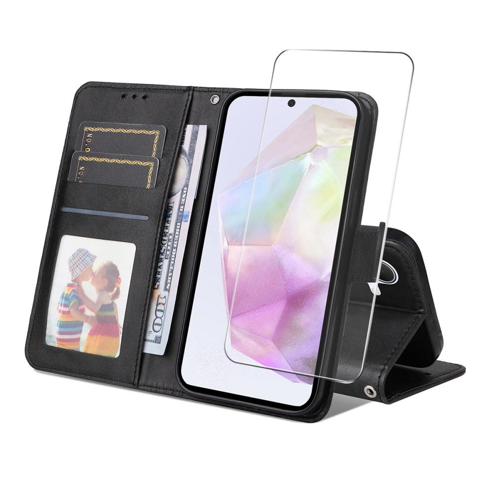 EIDERWOOD - Samsung Galaxy A56 (5G) / A36 (5G) - 2-i-1 Kunstlæder Flip Case m. Skærmbeskyttelsesglas - Sort