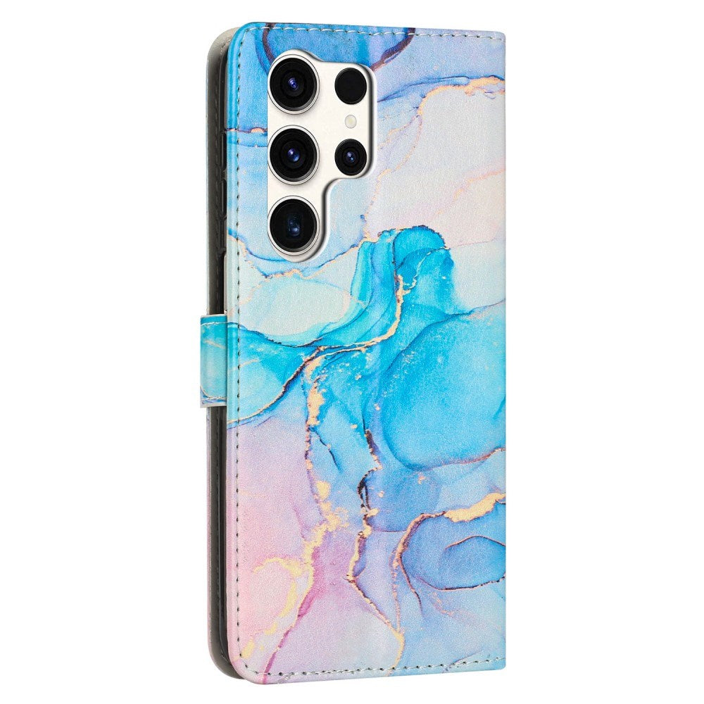 Samsung Galaxy S25 Ultra - EIDERWOOD Marmormønstret Kunstlæder Flip Cover m. Strop - Blå