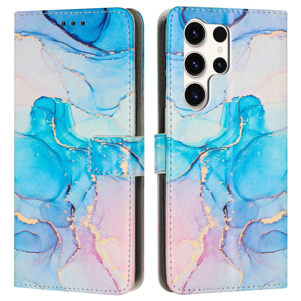 Samsung Galaxy S25 Ultra - EIDERWOOD Marmormønstret Kunstlæder Flip Cover m. Strop - Blå