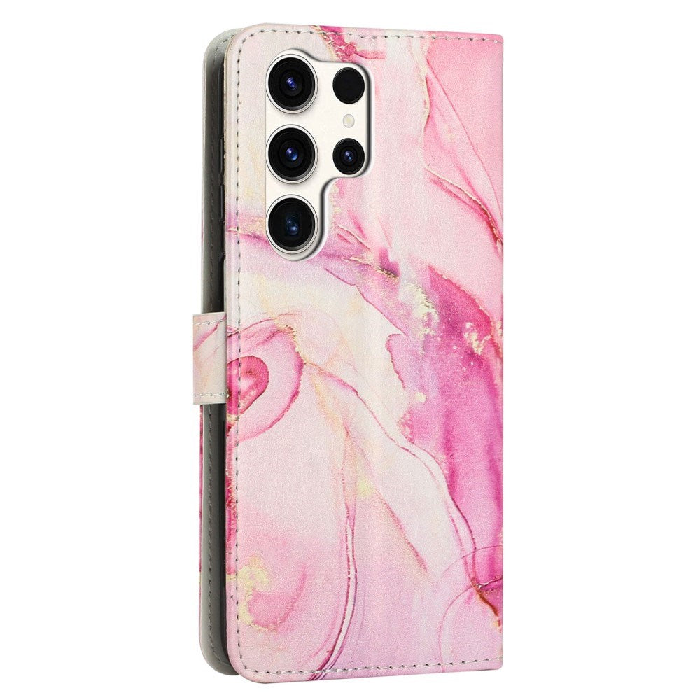 Samsung Galaxy S25 Ultra - EIDERWOOD Marmormønstret Kunstlæder Flip Cover m. Strop - Lyserød