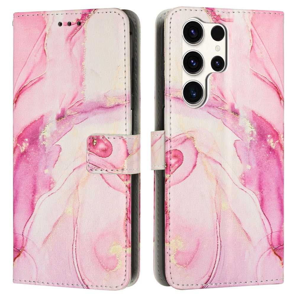 Samsung Galaxy S25 Ultra - EIDERWOOD Marmormønstret Kunstlæder Flip Cover m. Strop - Lyserød